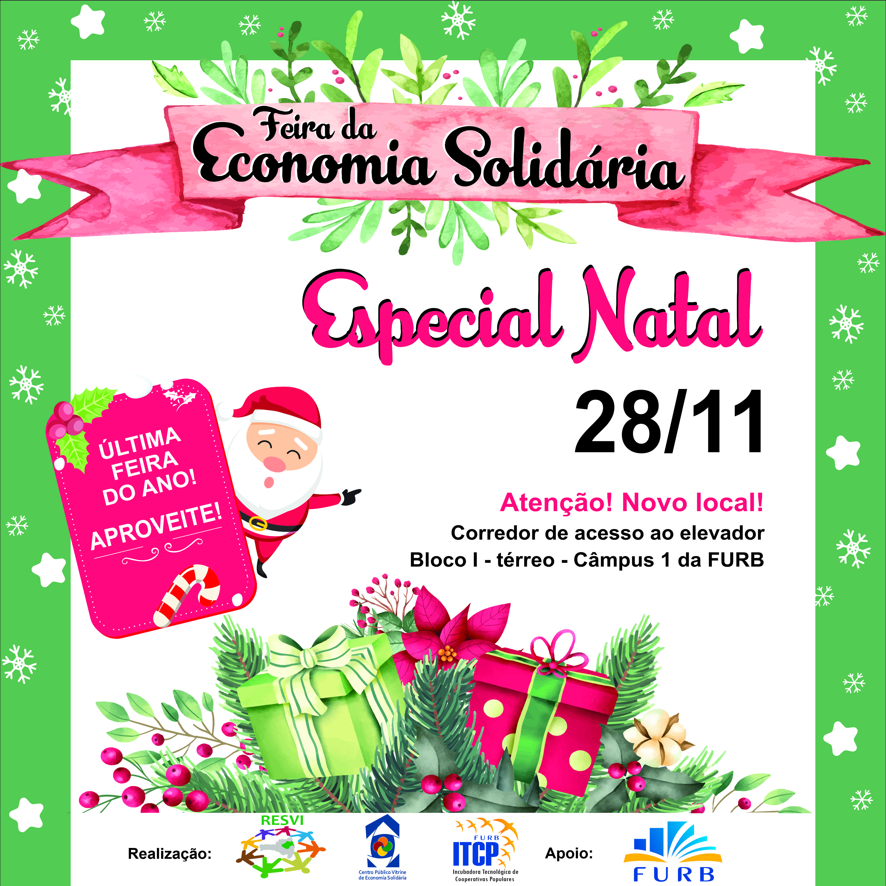 Imagem mostra um Papai Noel com presentes de natal para anunciar a última edição da Feira de Economia Solidária em 2023